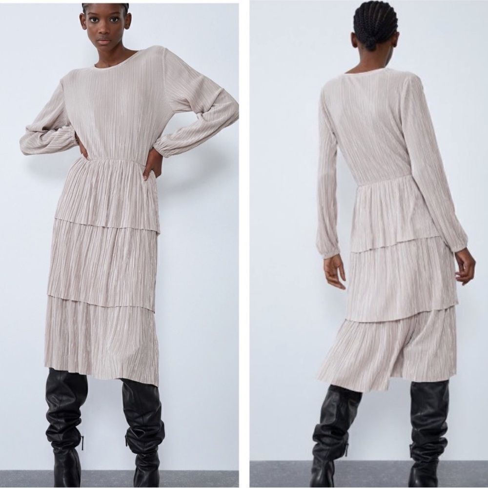 Zara Champagne gold Pleated Long Sleeve Tiered Midi Dress size L large